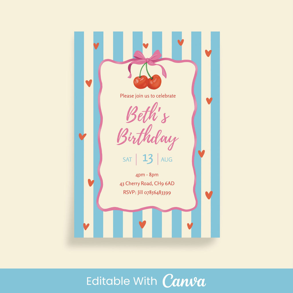 Cherry Party Invite - Editable Canva Template