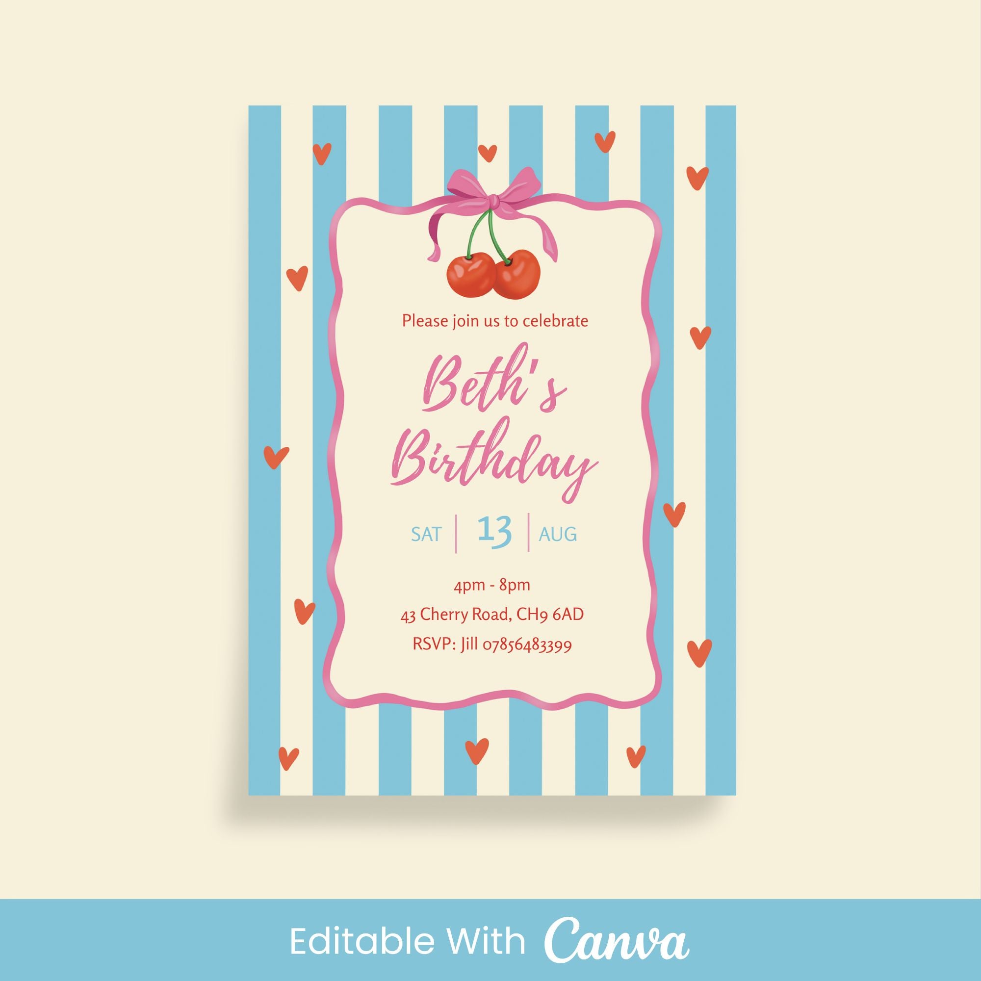 Cherry Party Invite - Editable Canva Template