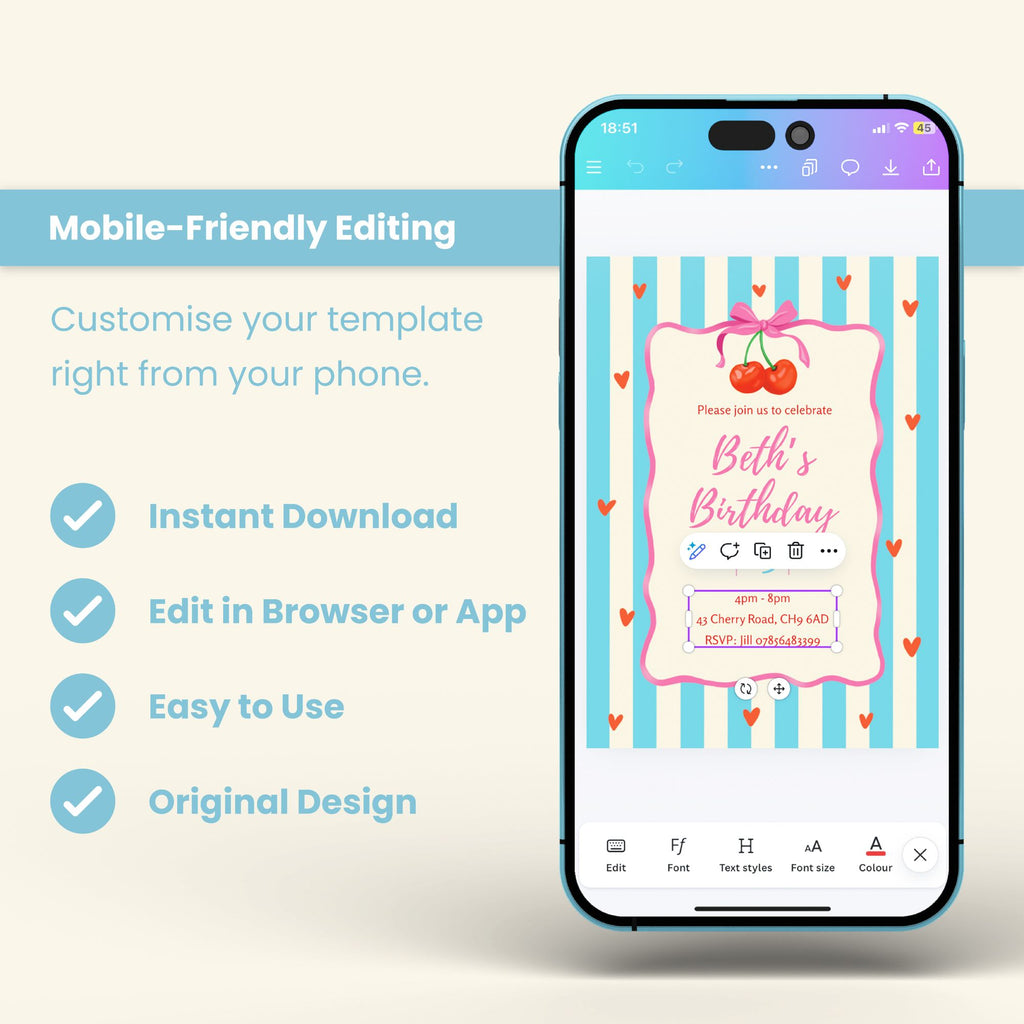 Cherry Party Invite - Editable Canva Template