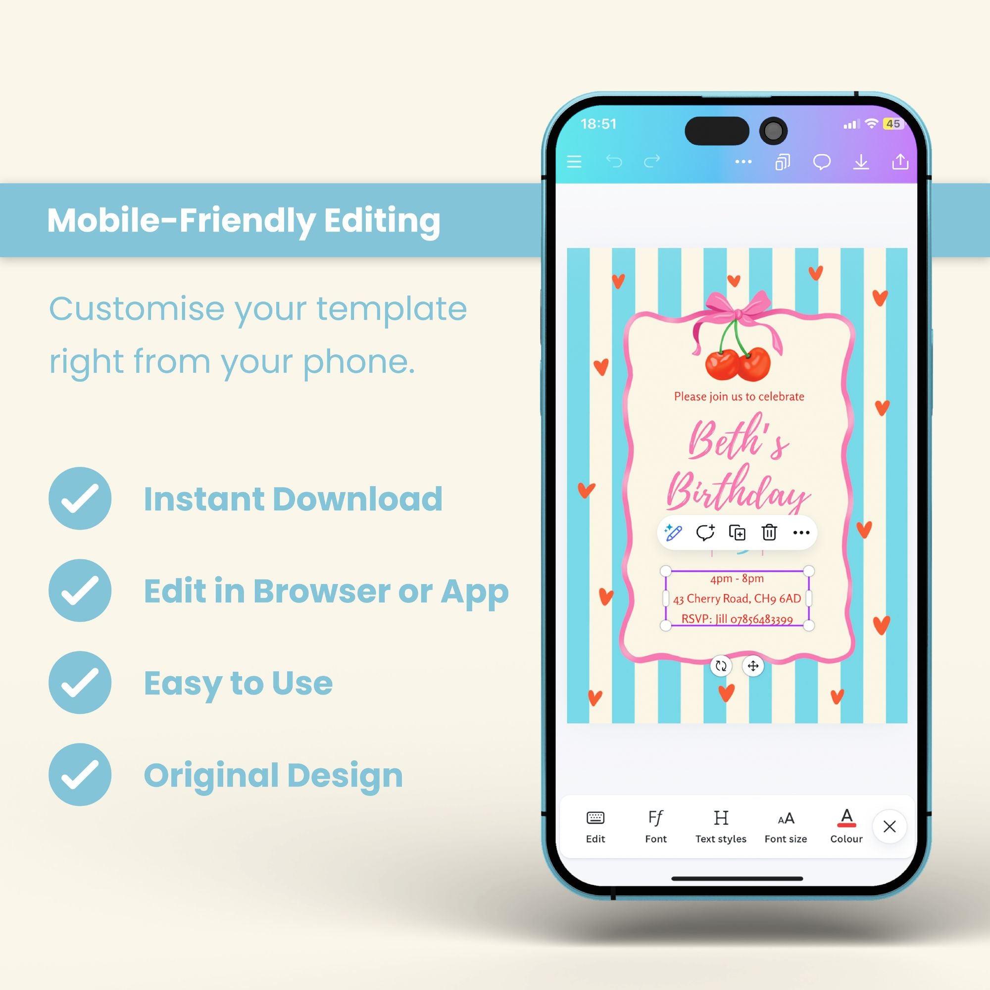 Cherry Party Invite - Editable Canva Template