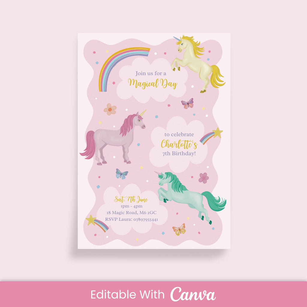 Magical Unicorns Birthday Invitation - Editable Canva Template