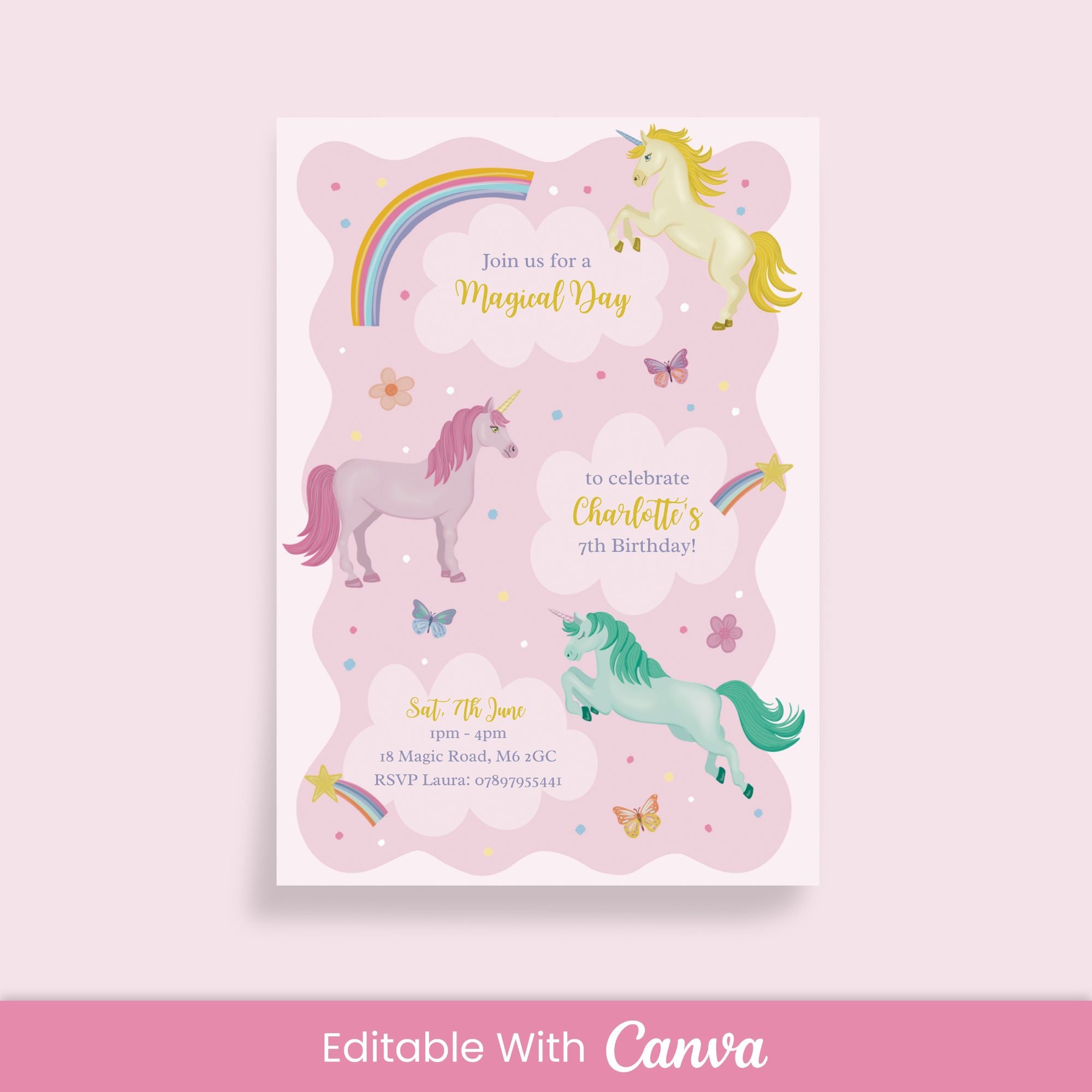 Magical Unicorns Birthday Invitation - Editable Canva Template
