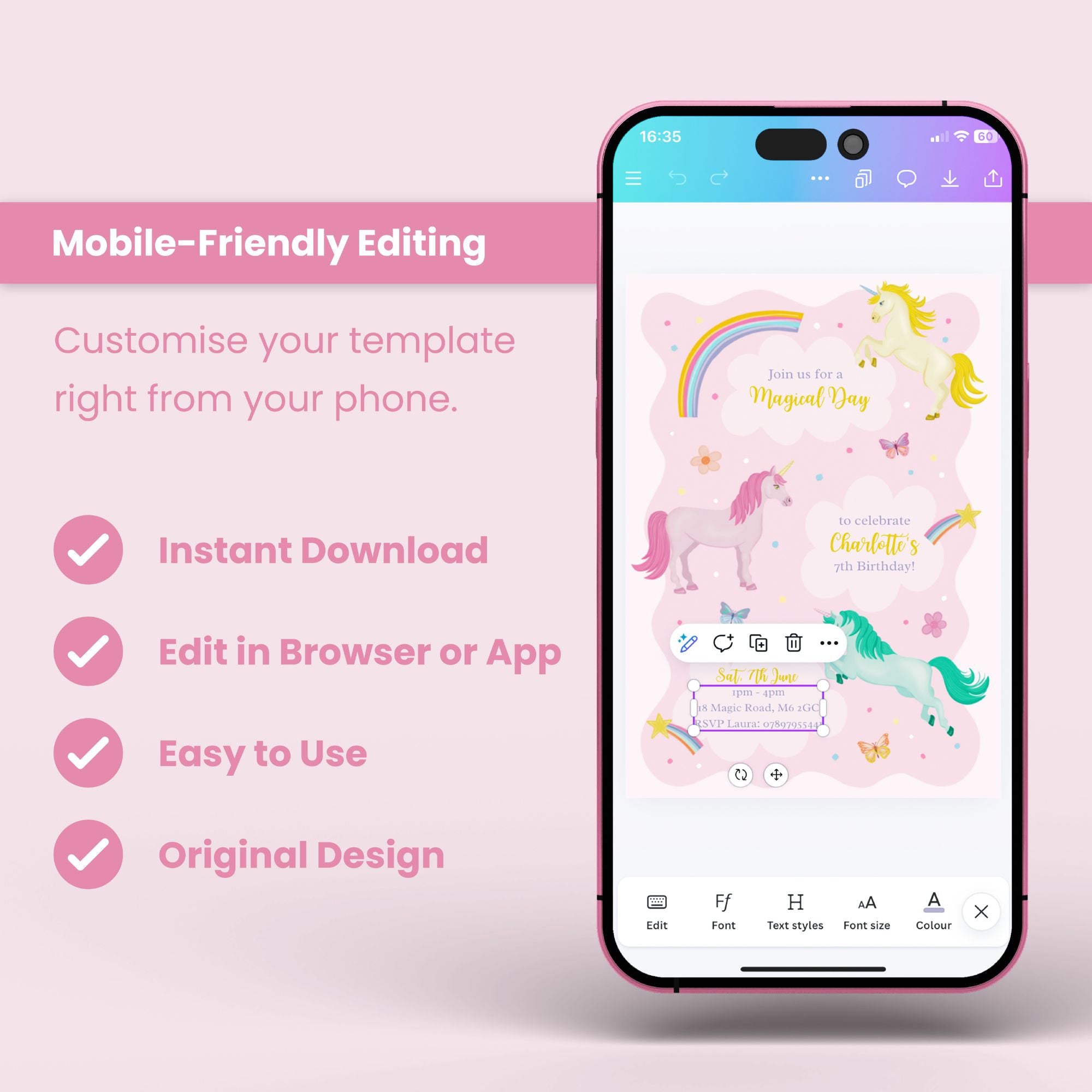 Magical Unicorns Birthday Invitation - Editable Canva Template