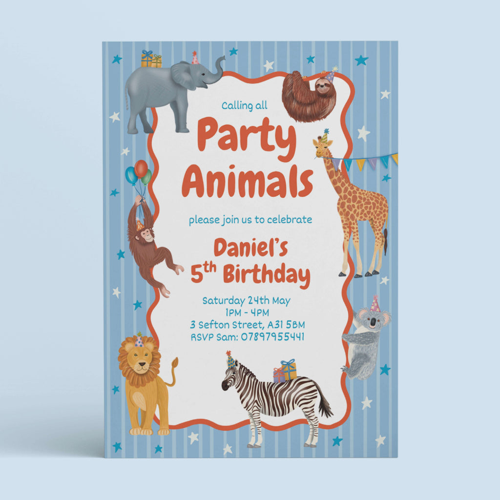 Party Animals Birthday Party Invite - Editable Canva Template