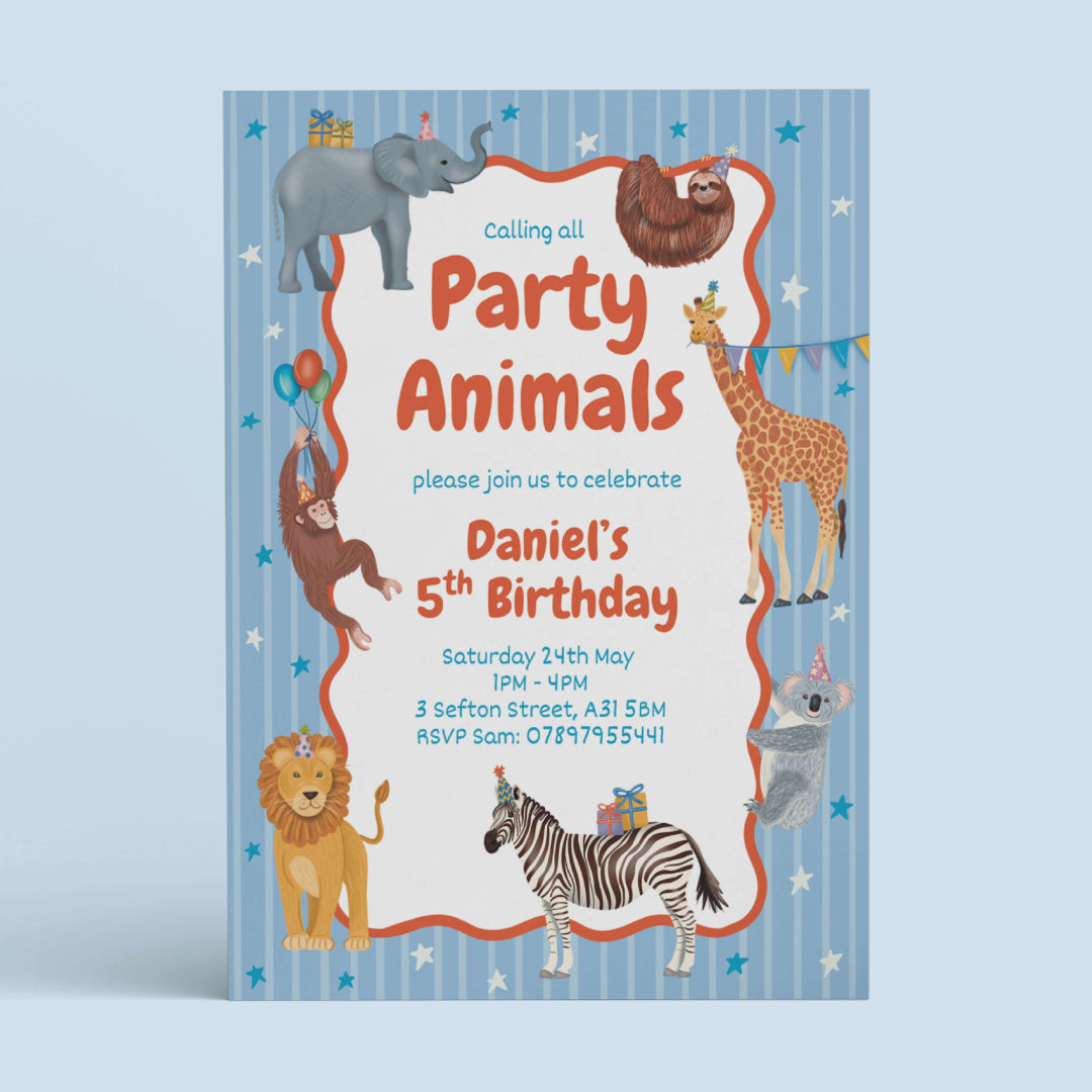 Party Animals Birthday Party Invite - Editable Canva Template