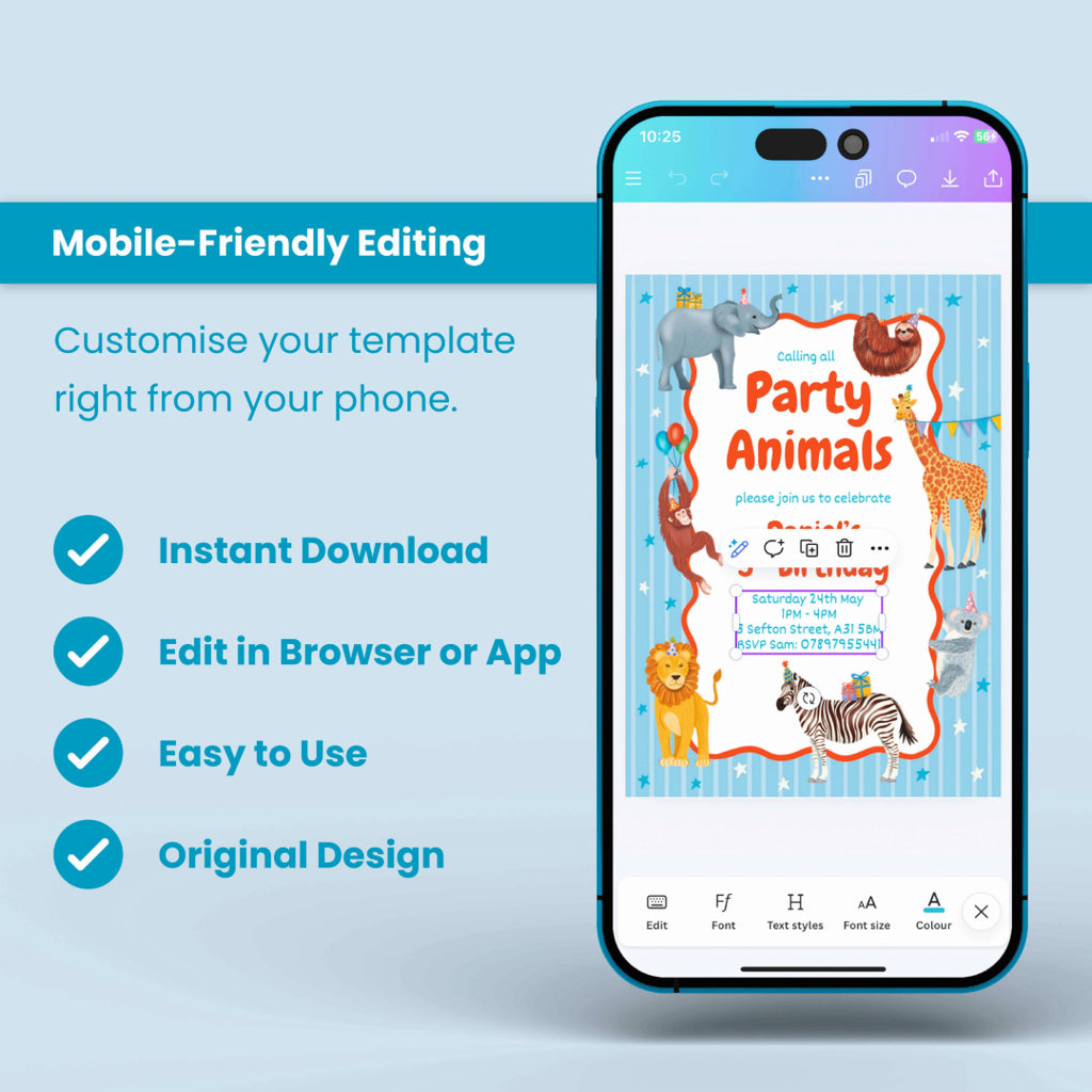 Party Animals Birthday Party Invite - Editable Canva Template