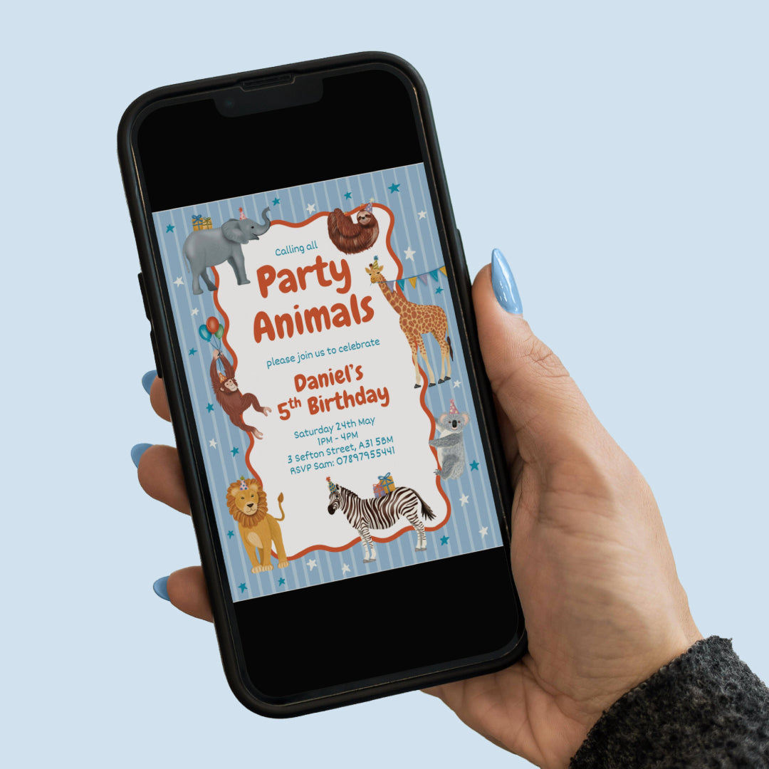 Party Animals Birthday Party Invite - Editable Canva Template