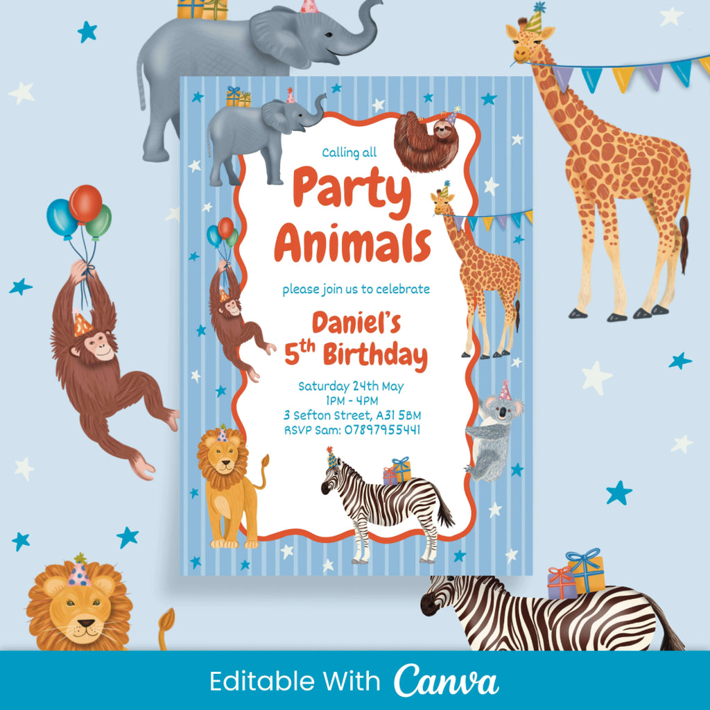 Party Animals Birthday Party Invite - Editable Canva Template