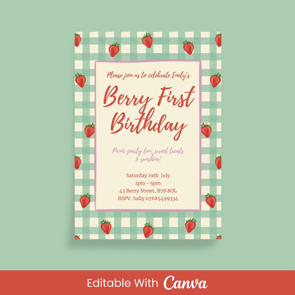 Strawberry First Birthday Party Invite - Editable Canva Template