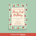 Strawberry First Birthday Party Invite - Editable Canva Template