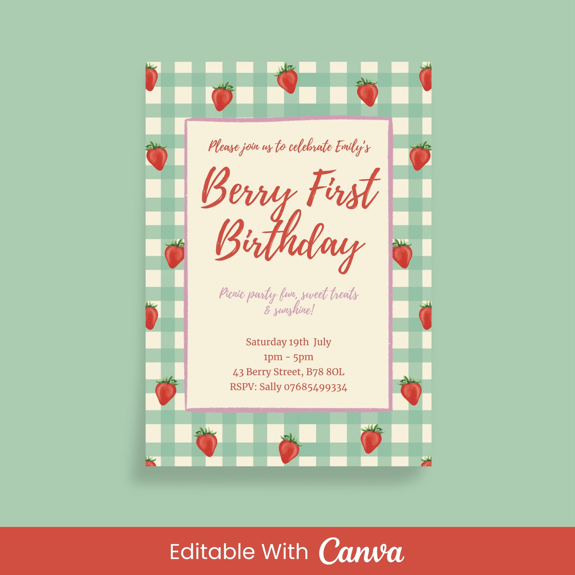 Strawberry First Birthday Party Invite - Editable Canva Template
