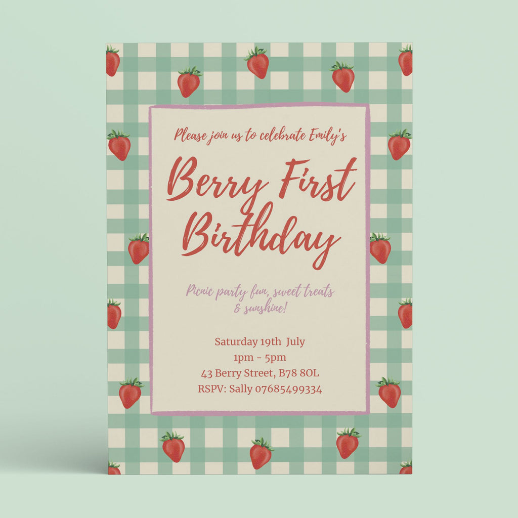 Strawberry First Birthday Party Invite - Editable Canva Template