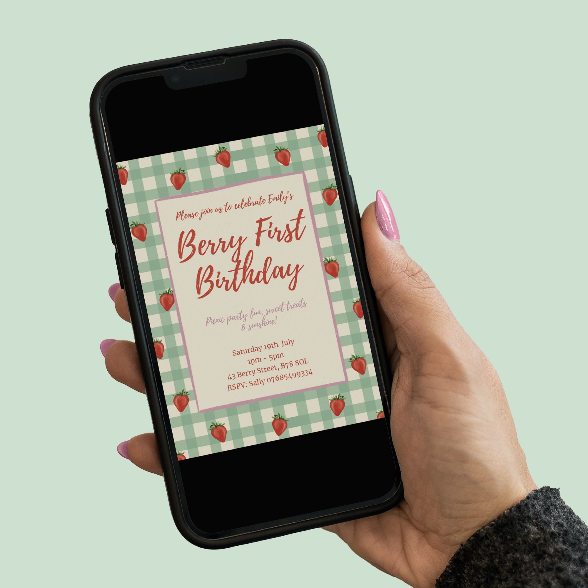 Strawberry First Birthday Party Invite - Editable Canva Template