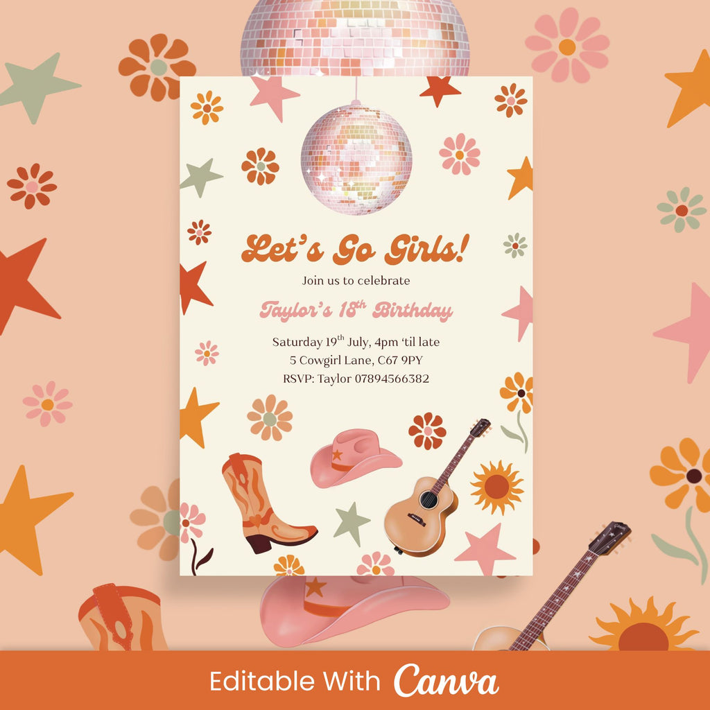 Cowgirl Birthday Party Invite - Editable Canva Template