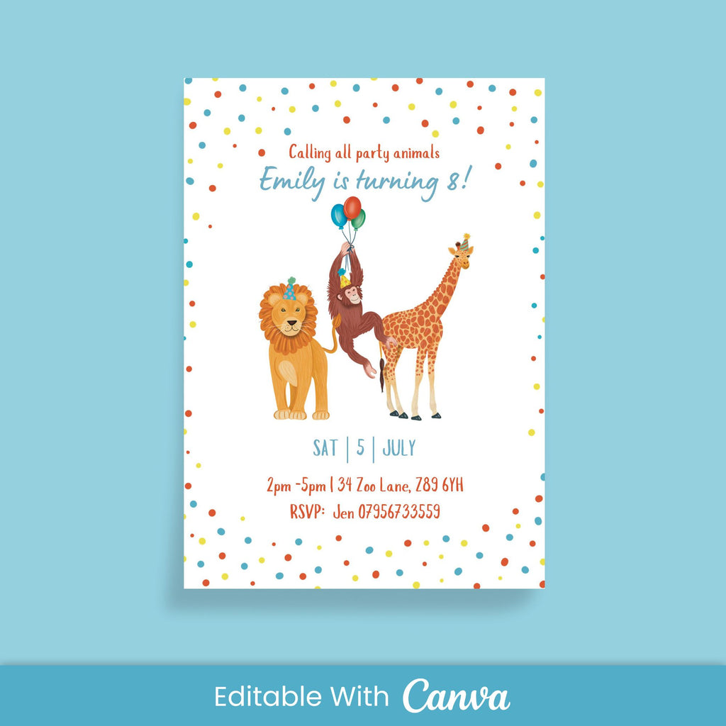 Jungle Animals Birthday Invitation - Editable Canva Template