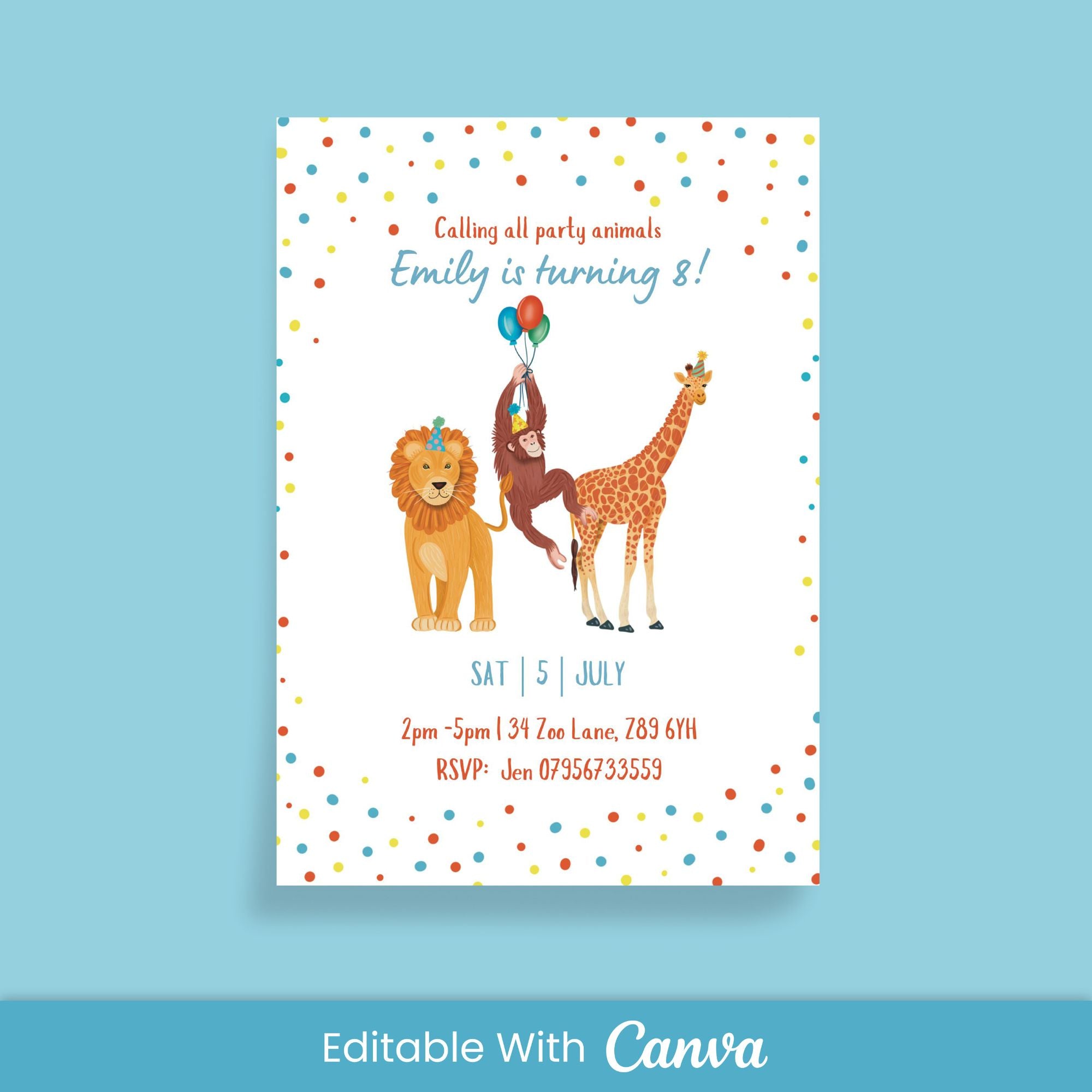 Jungle Animals Birthday Invitation - Editable Canva Template