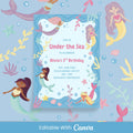 Mermaid Birthday Party Invite - Editable Canva Template