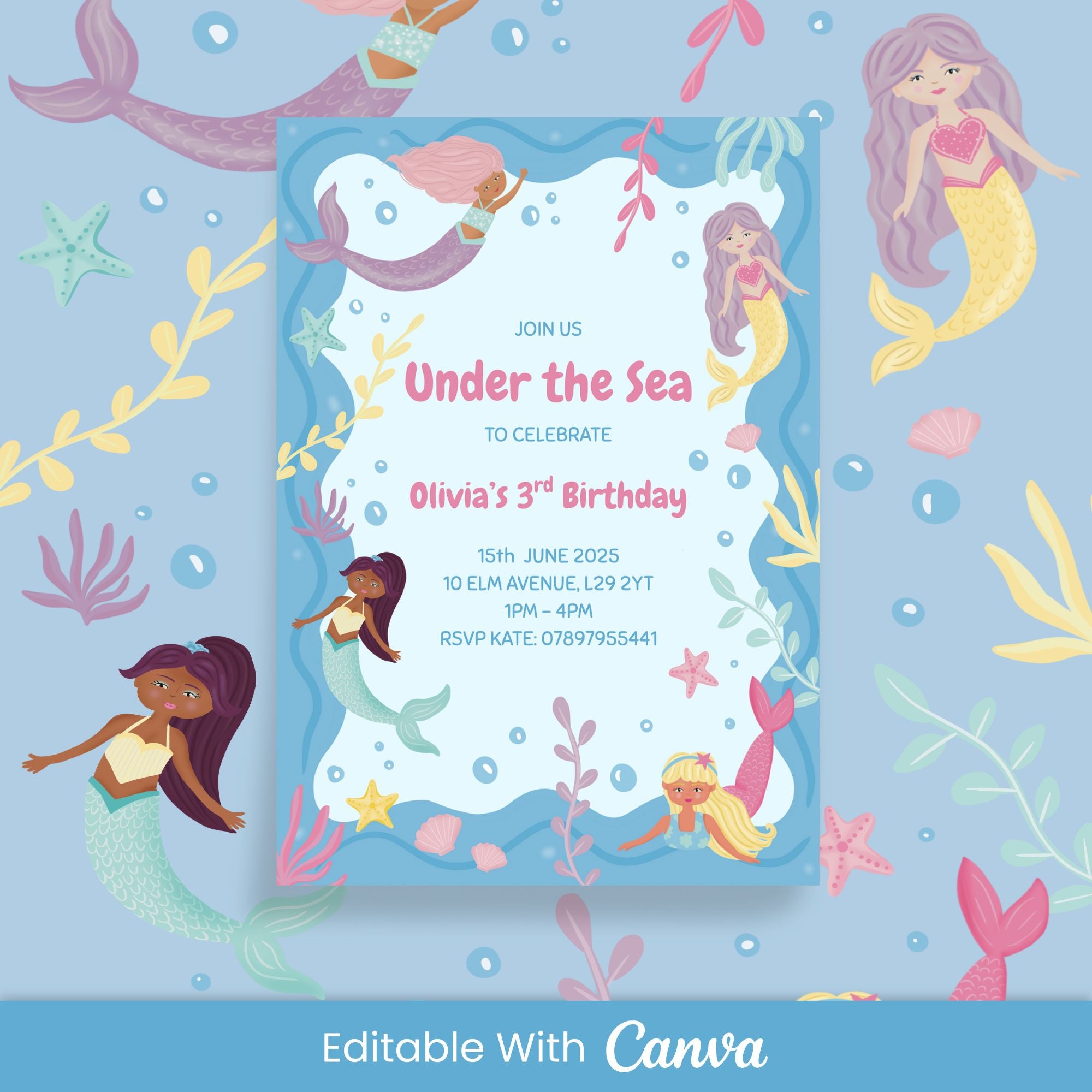 Mermaid Birthday Party Invite - Editable Canva Template