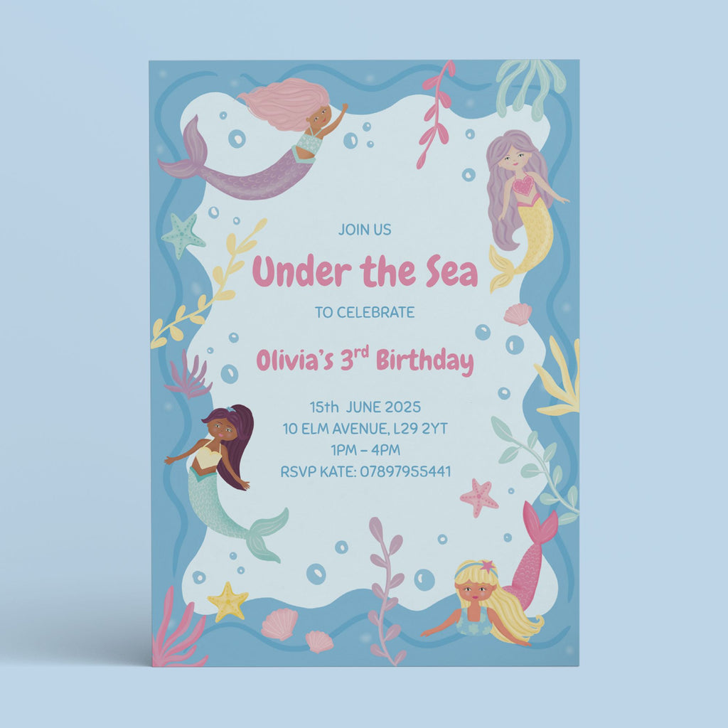 Mermaid Birthday Party Invite - Editable Canva Template