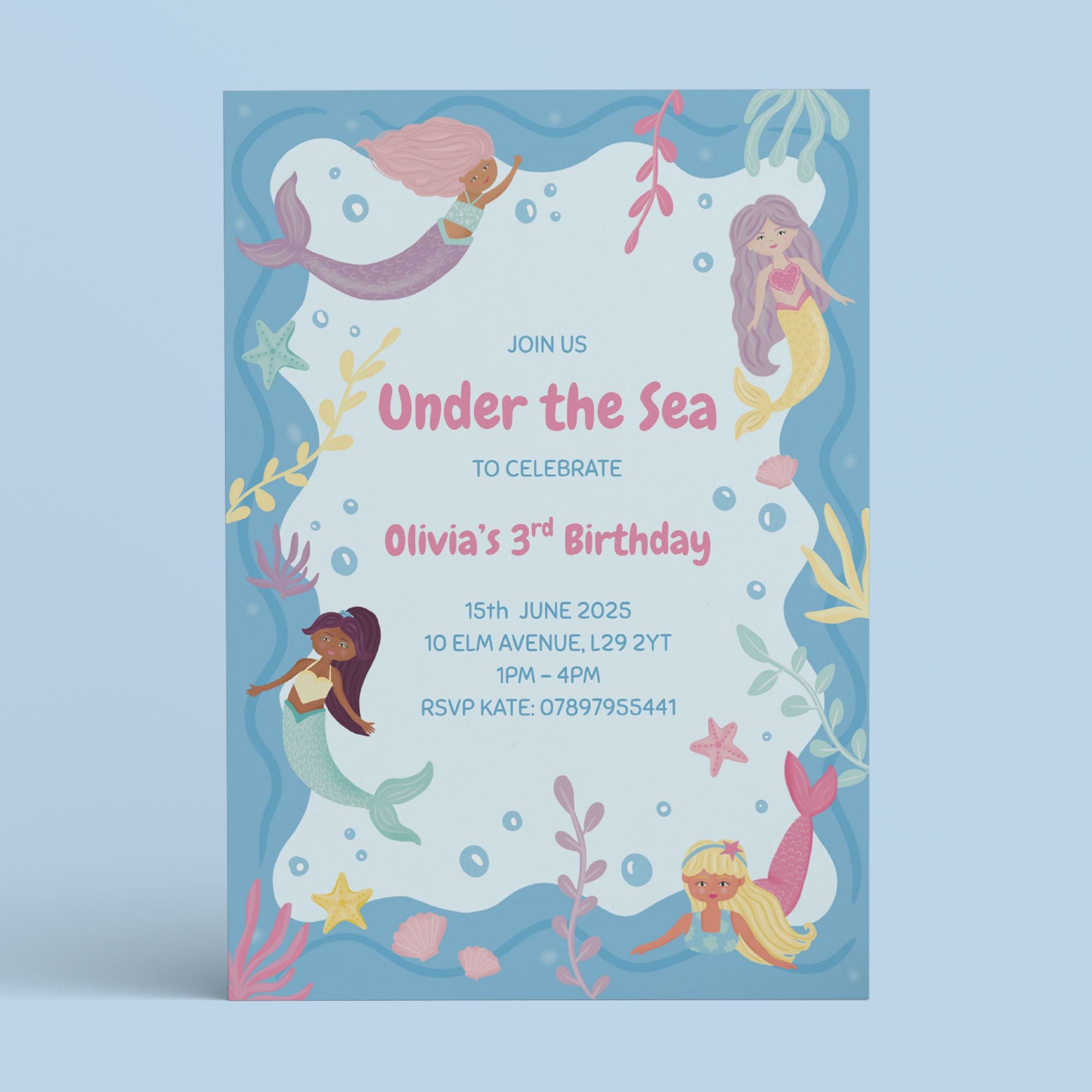 Mermaid Birthday Party Invite - Editable Canva Template