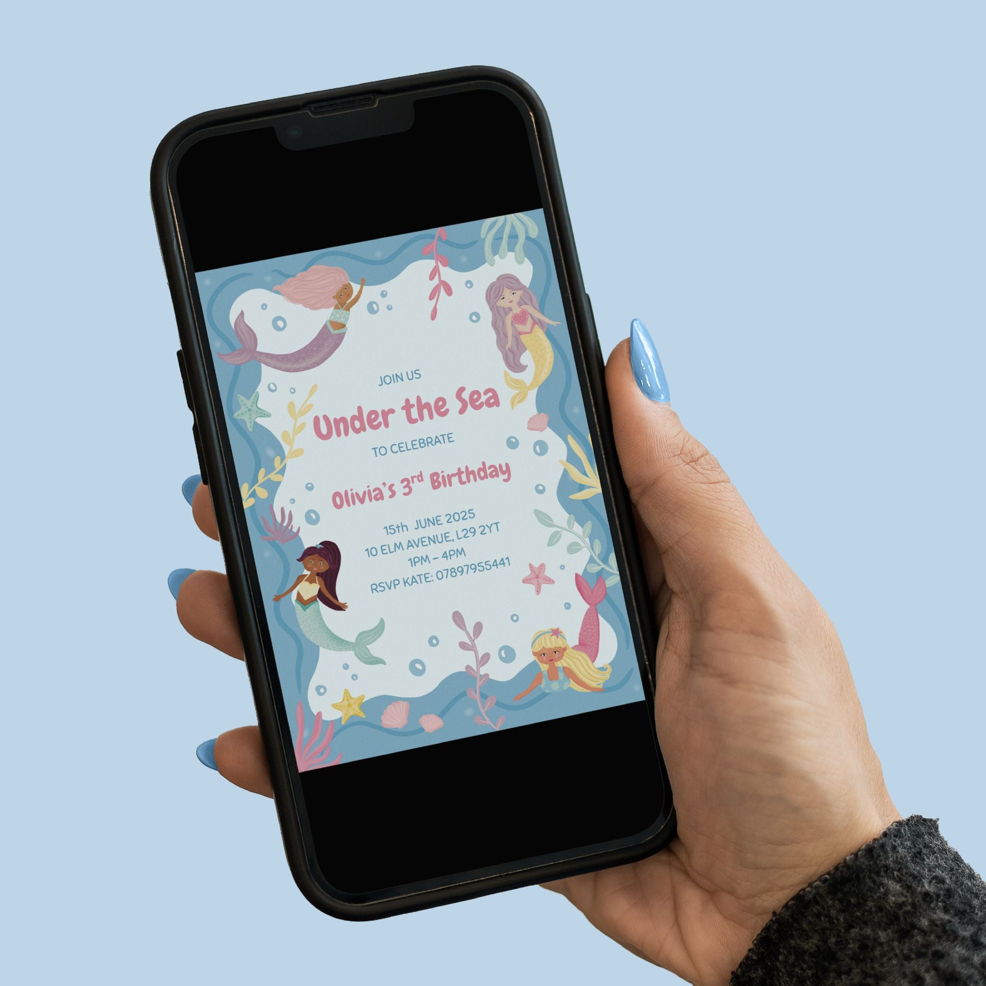 Mermaid Birthday Party Invite - Editable Canva Template