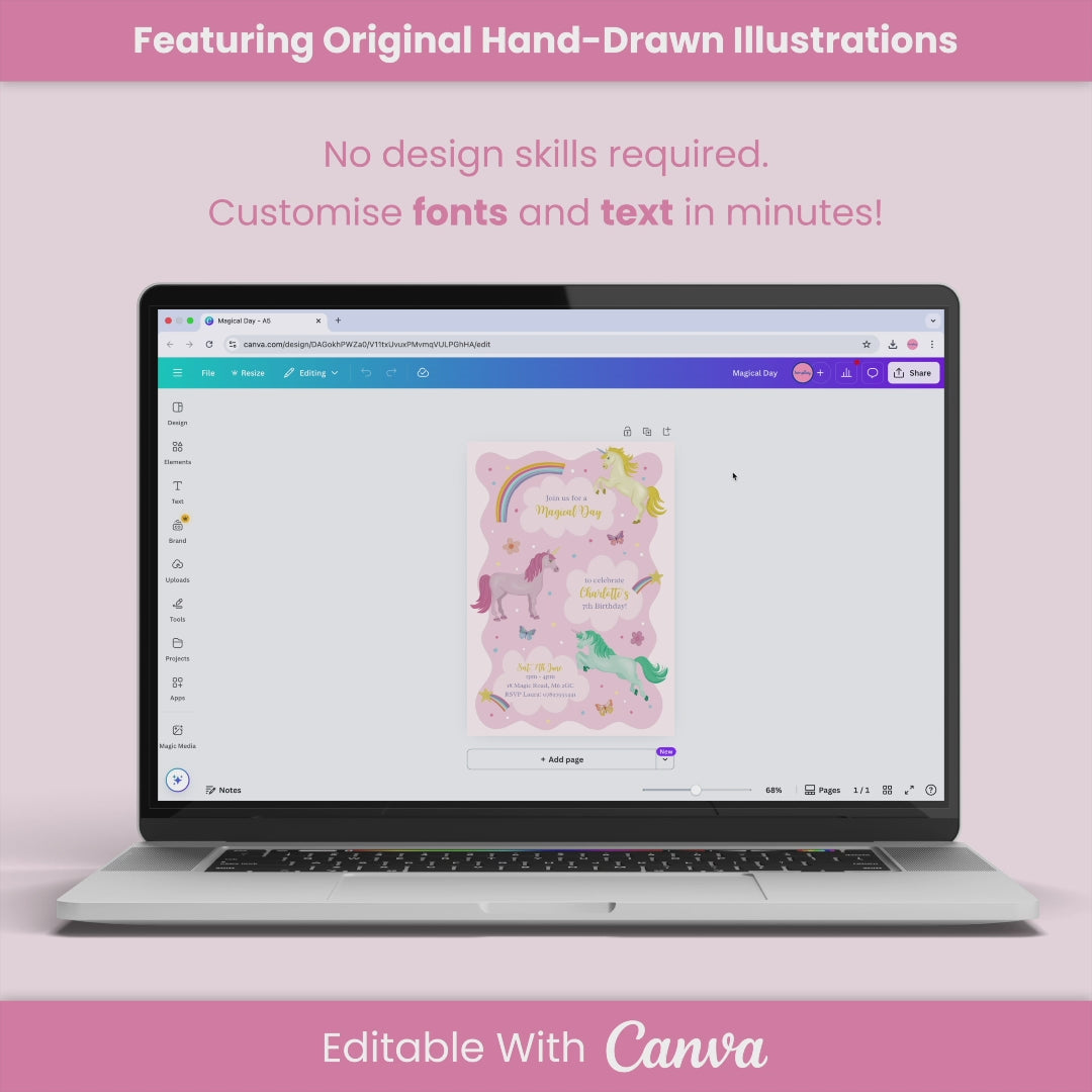 Magical Unicorns Birthday Invitation - Editable Canva Template