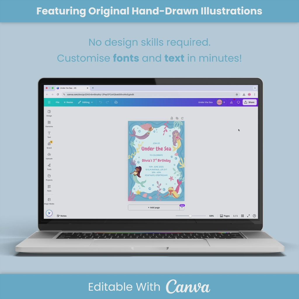 Mermaid Birthday Party Invite - Editable Canva Template