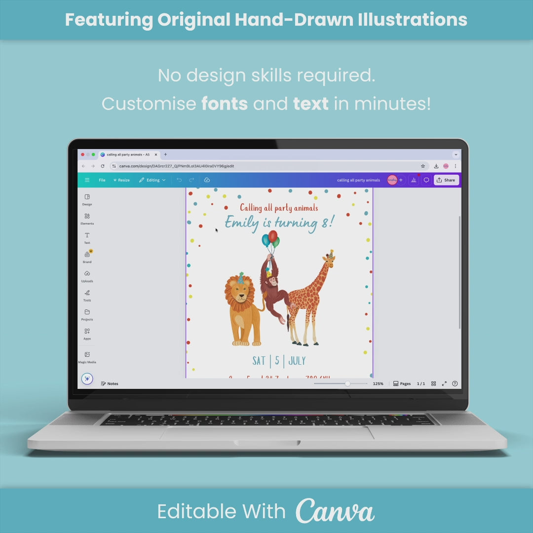 Jungle Animals Birthday Invitation - Editable Canva Template