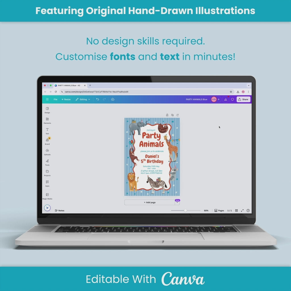 Party Animals Birthday Party Invite - Editable Canva Template