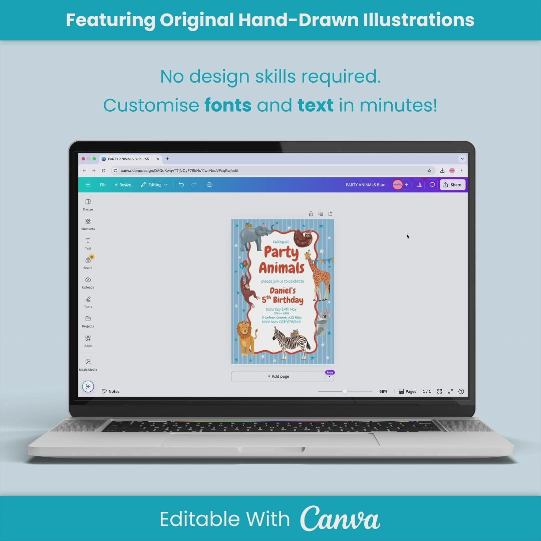 Party Animals Birthday Party Invite - Editable Canva Template