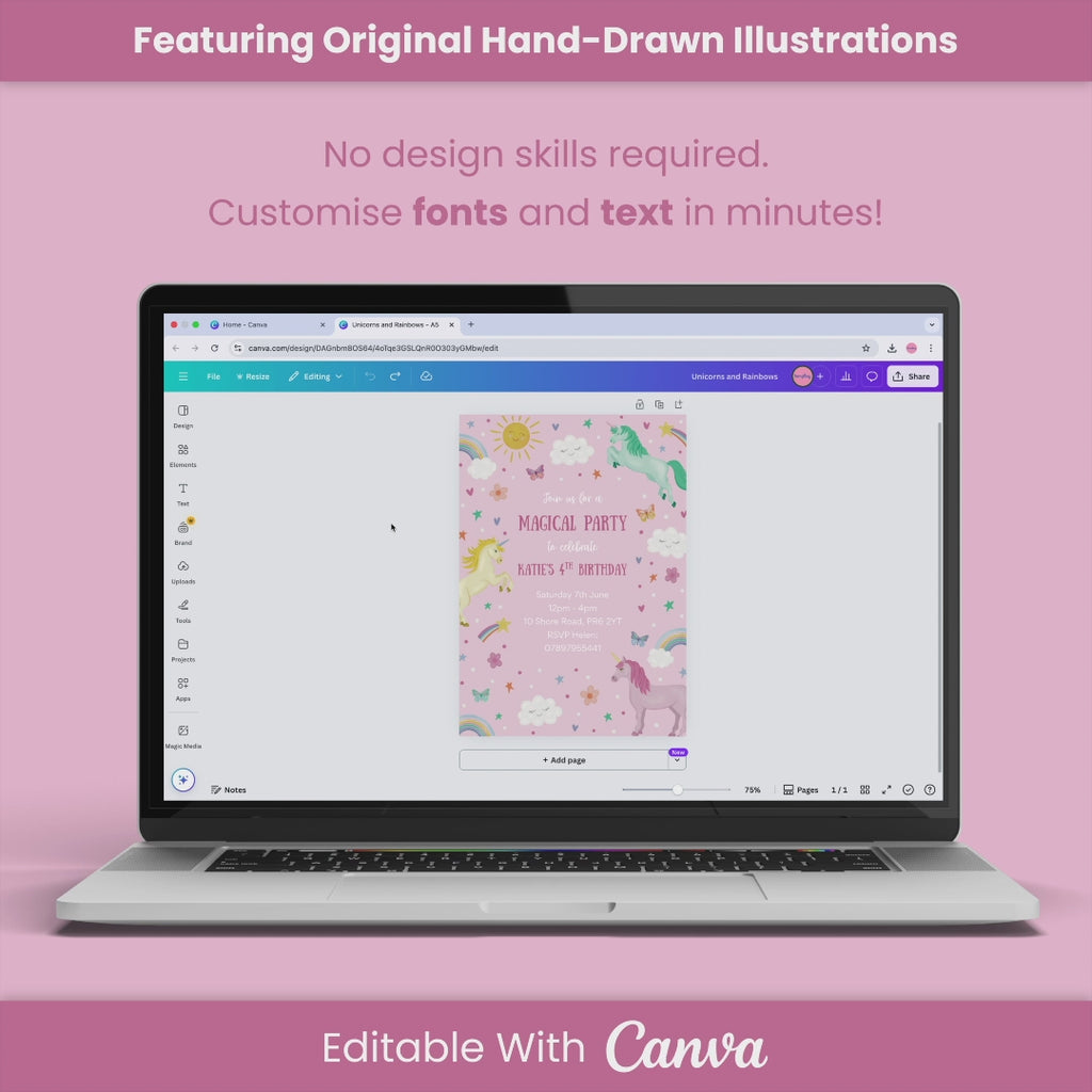 Unicorns and Rainbows Birthday Party Invite - Editable Canva Template