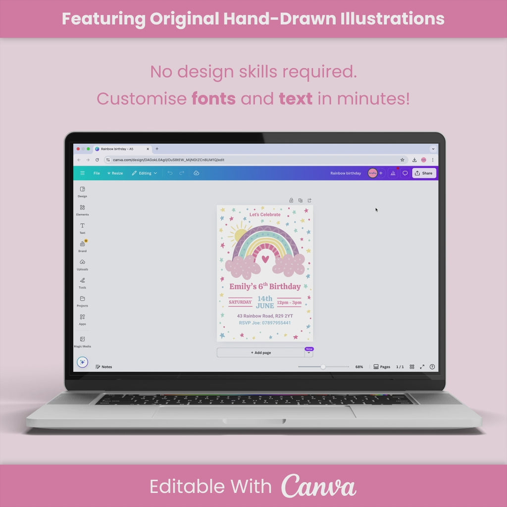 Rainbow Birthday Invitation - Editable Canva Template