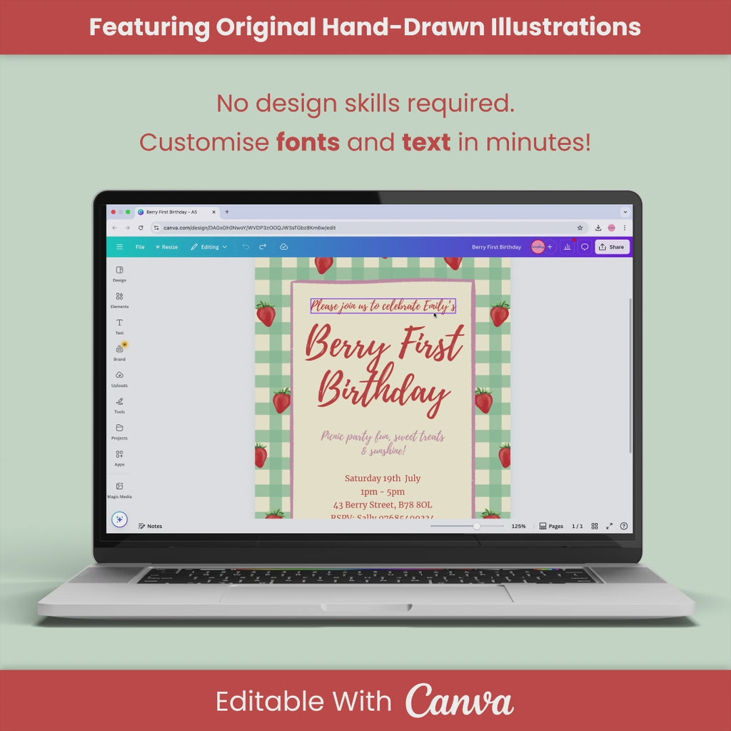 Strawberry First Birthday Party Invite - Editable Canva Template
