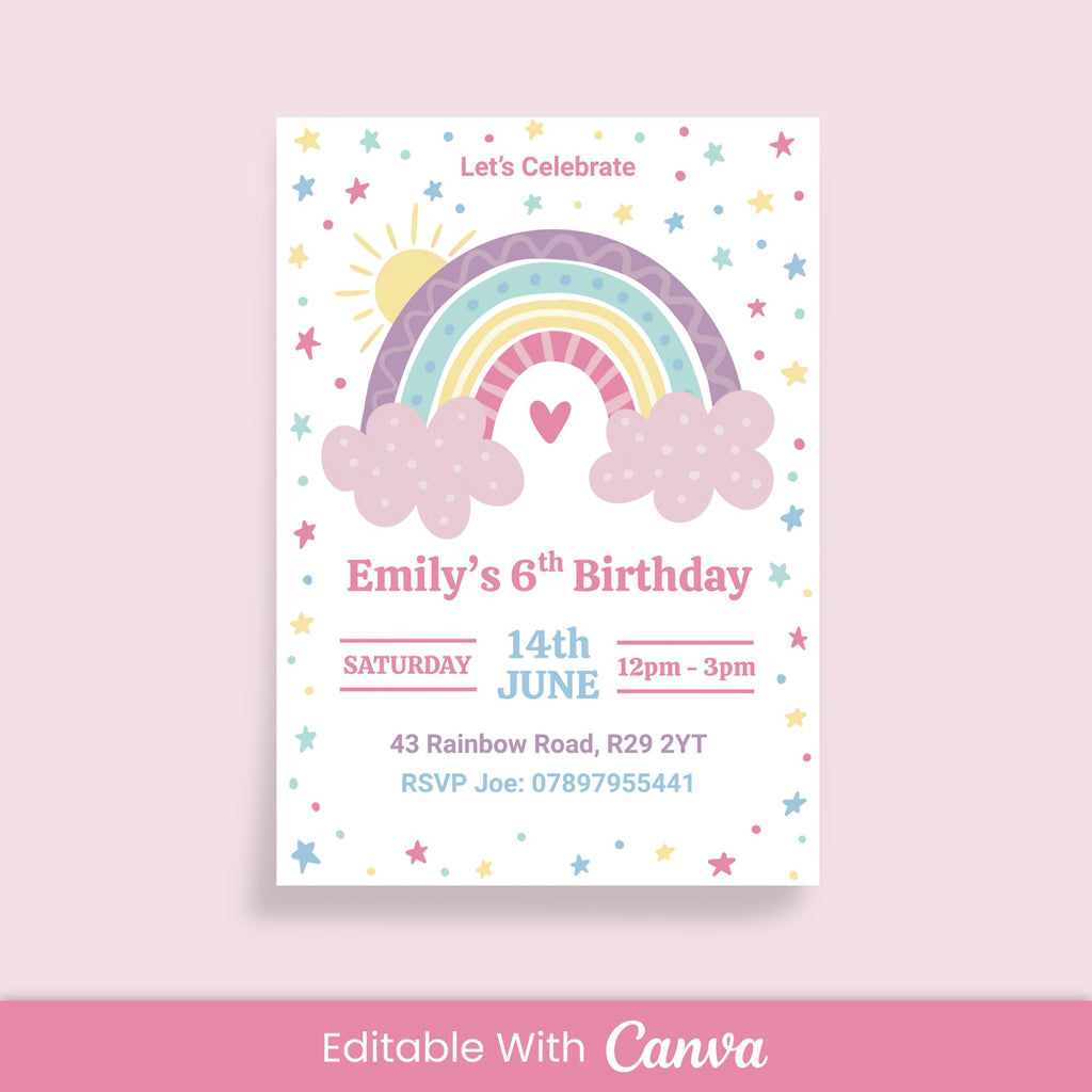 Rainbow Birthday Invitation - Editable Canva Template