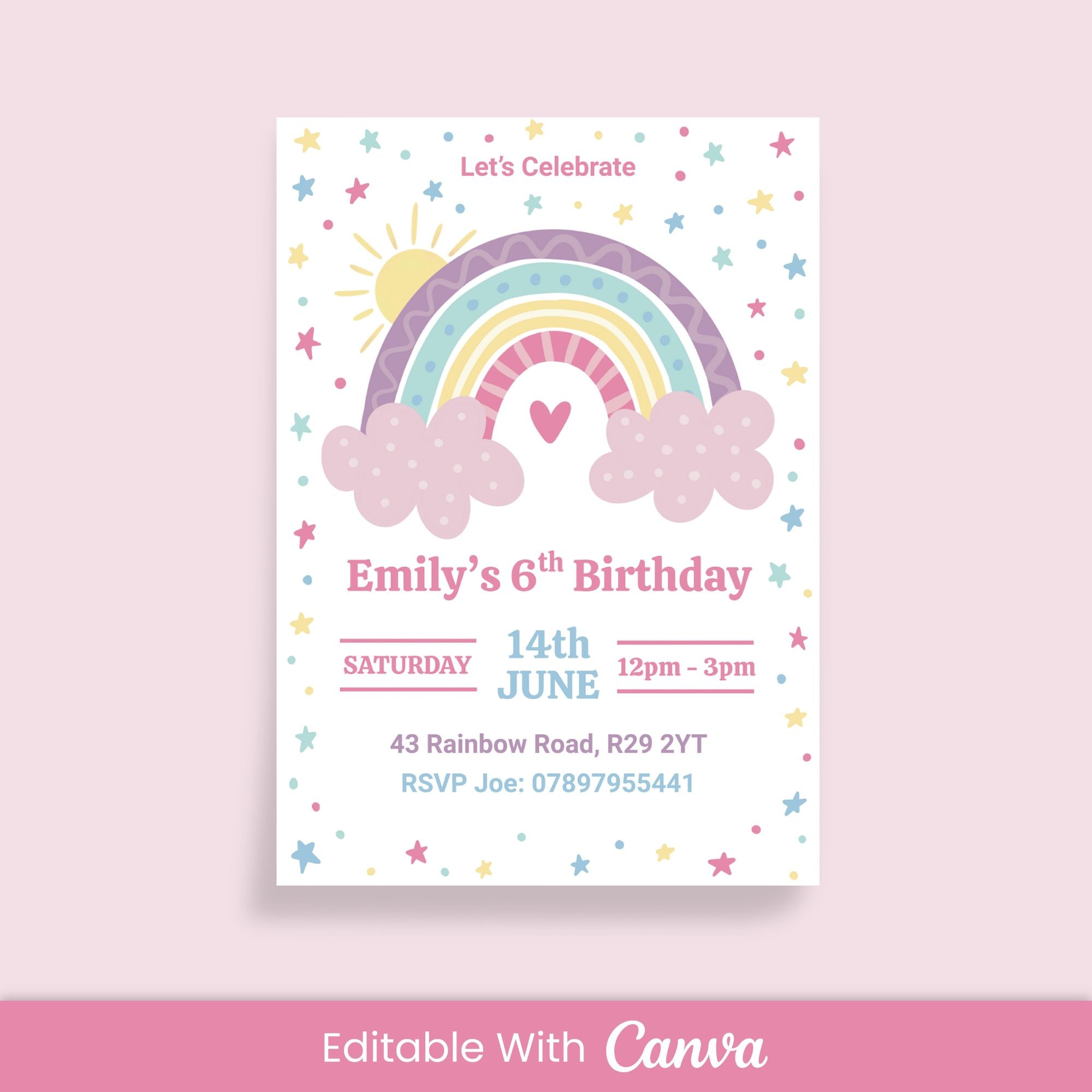 Rainbow Birthday Invitation - Editable Canva Template