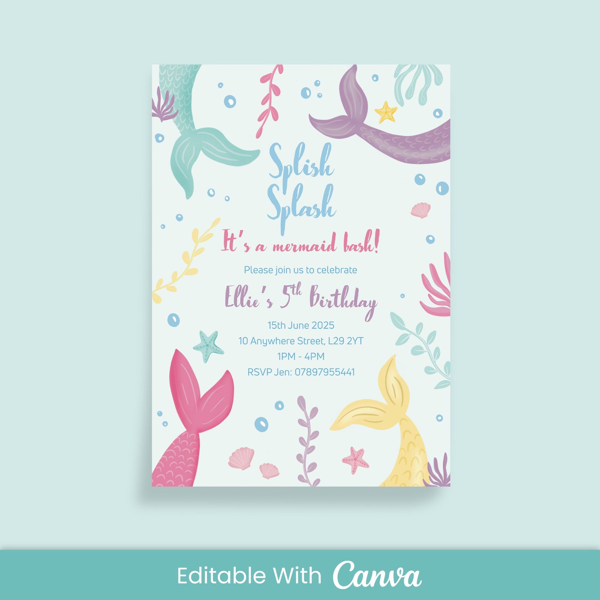 Splish Splash Mermaid Invitation - Editable Canva Template