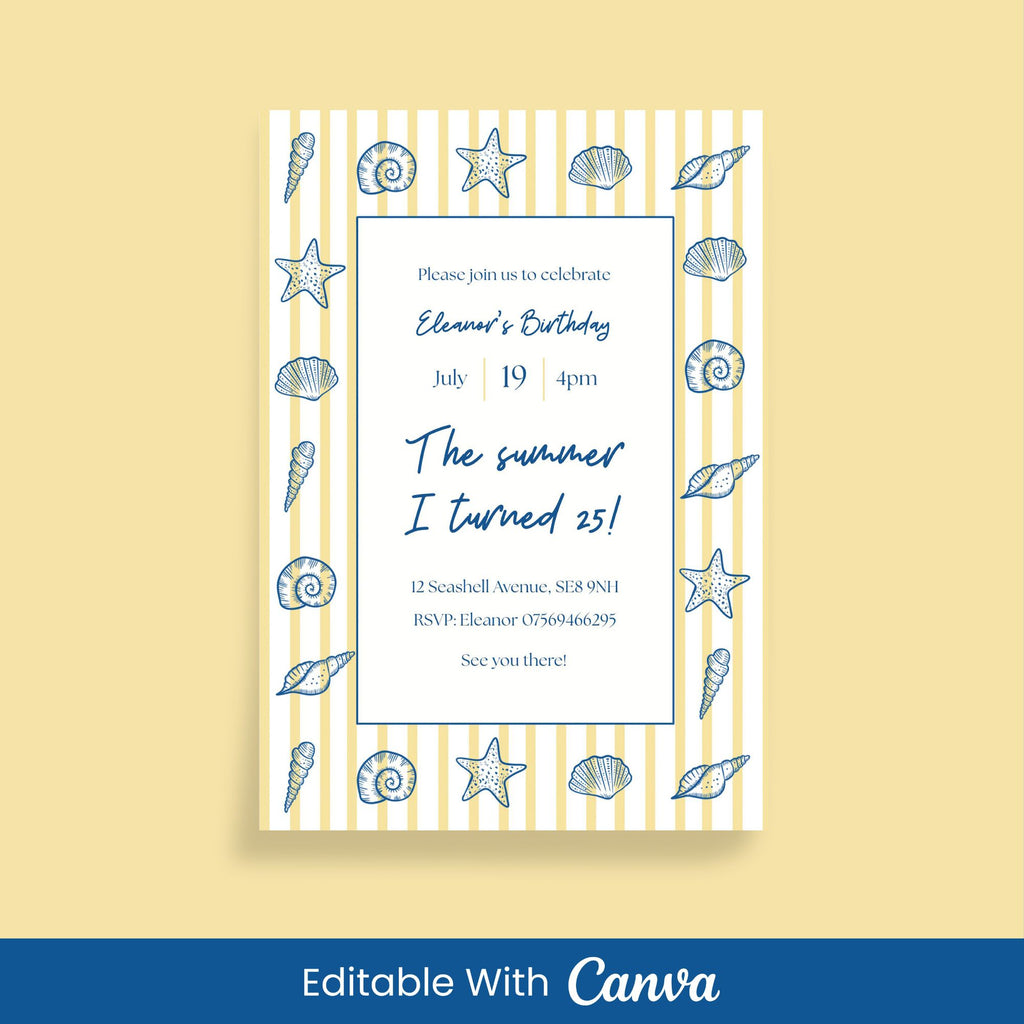 Seashells & Stripes Party Invite - Editable Canva Template