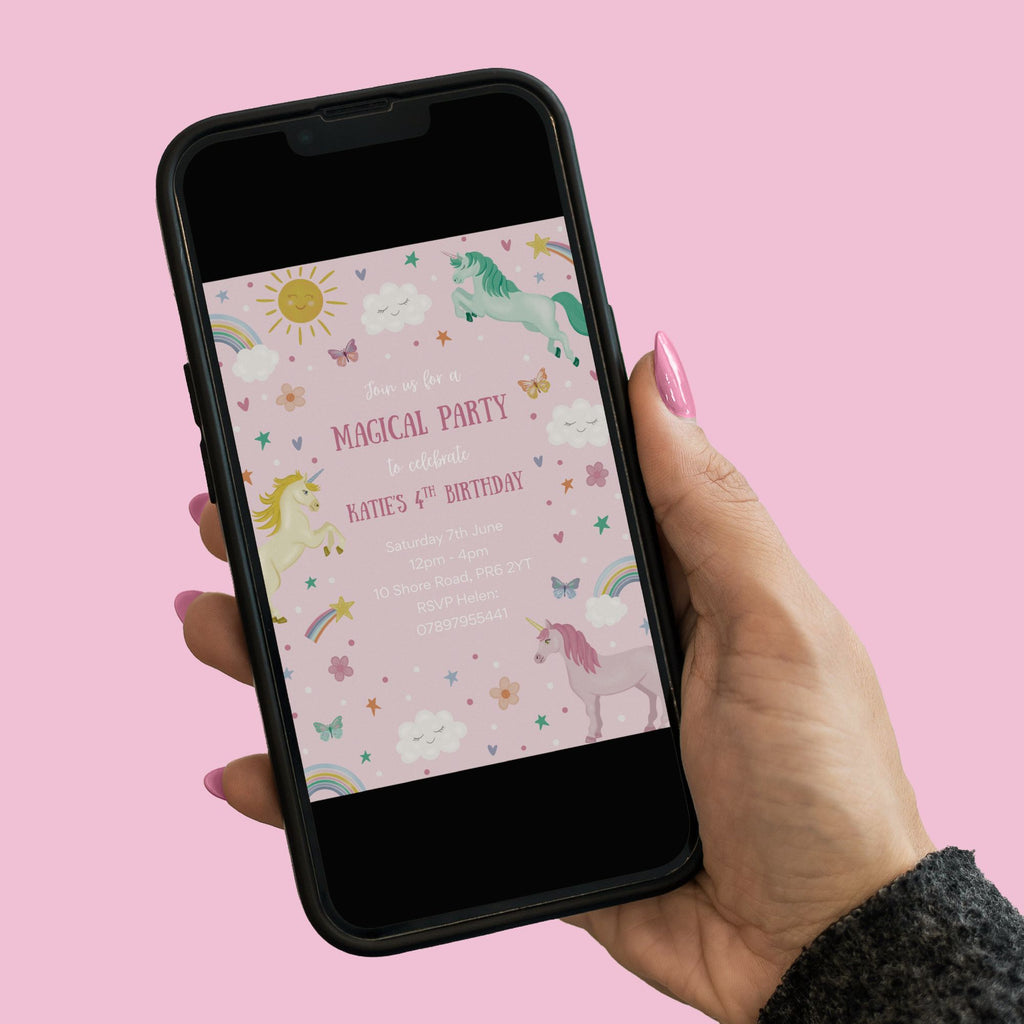 Unicorns and Rainbows Birthday Party Invite - Editable Canva Template