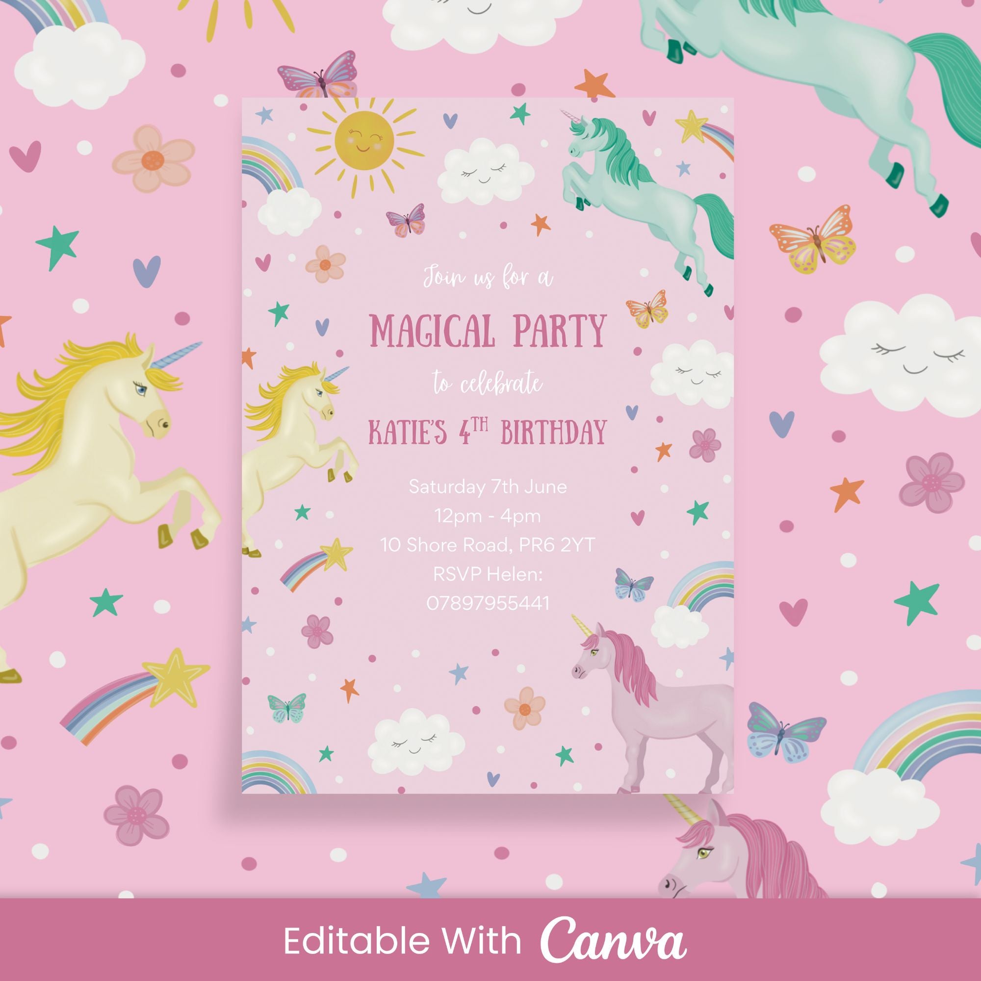 Unicorns and Rainbows Birthday Party Invite - Editable Canva Template