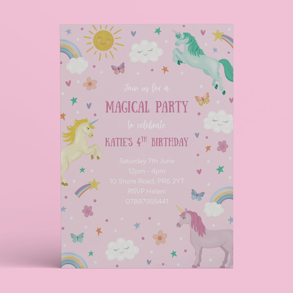 Unicorns and Rainbows Birthday Party Invite - Editable Canva Template